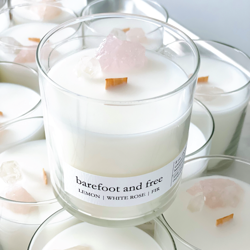 Barefoot and Free Rose Quartz Crystal Coconut Soy Candle